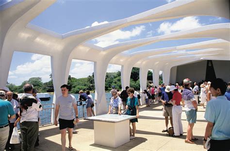 Visitors inside the USS Arizona Memorial in Honolulu. The memorial ...