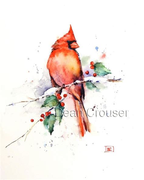 CARDINAL & Holly Watercolor Print, Cardinal Painting, Bird Art, by Dean ...