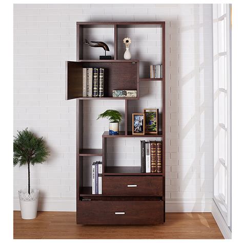 Walnut Wood Dark Brown Frame Modern Book Shelf with Drawers - Wooden Bookcase Bookshelf and ...