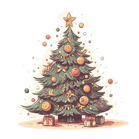 Vintage Christmas Tree Vector, Sticker Clipart Christmas Tree Drawn With Presents And Ornaments ...