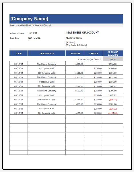 MS Excel Printable Statement of Account Template | Download