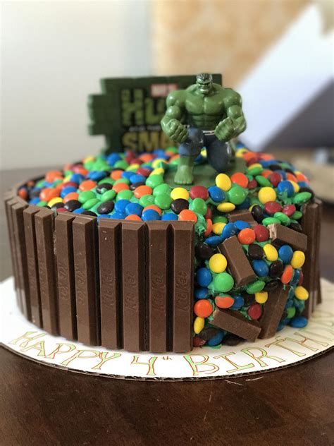 Hulk Smash Cake made with Kit Kats and M&M's Hulk Smash, Cake Smash, Hulk Birthday Cakes, Kit ...