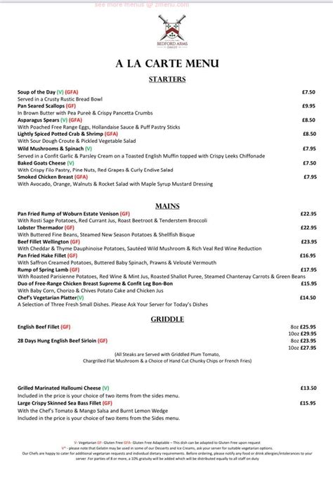 Online Menu of Bedford Arms Restaurant, Bedford, United Kingdom, MK43 7RH - Zmenu