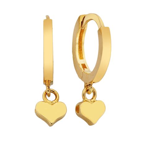 14K Real Solid Gold Heart Dangle Drop Hoop Earrings for Women