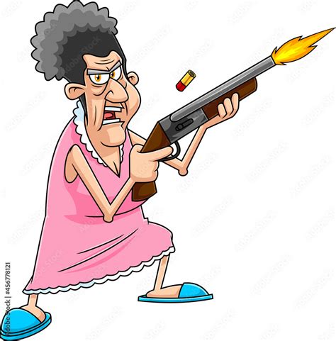 Angry Grandmother Cartoon Character Shooting With A Rifle Pump. Vector Hand Drawn Illustration ...