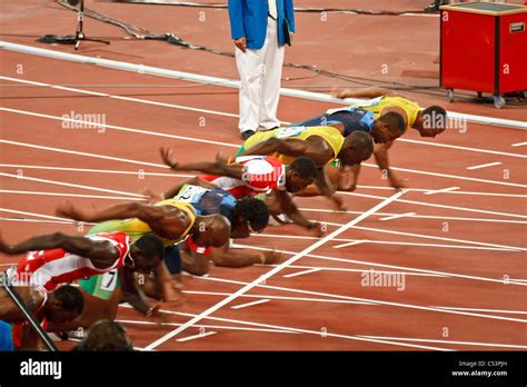 Start of Men’s 100 meter sprint race where Usain Bolt sets a new Stock ...