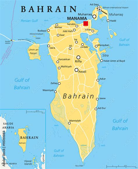 Bahrain political map with capital Manama. Island country, archipelago ...