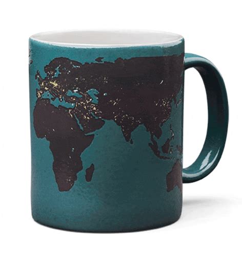 a blue and brown coffee mug with a world map printed on it's side