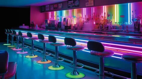 Premium AI Image | A bar with neon lights and a bar stools with a bar in the background.