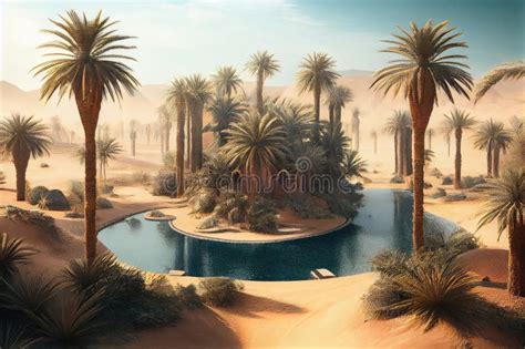 Oasis with Pool Surrounded by Palm Trees in the Middle of the Desert ...