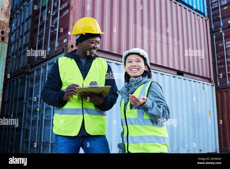Warehouse, management and cargo stock with man and woman discuss checklist and laughing at ...