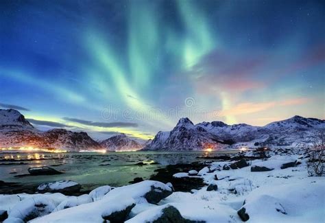 Aurora borealis on the Lofoten islands, Norway. Green northern lights above mountains. Night sky ...