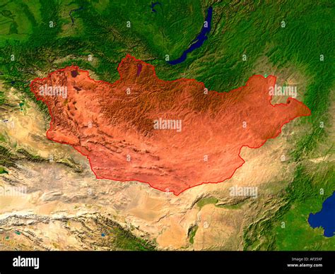 Satellite Image Of Mongolia Highlighted Red Stock Photo - Alamy