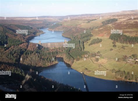 An aerial view of Derwent Dam showing the Ladybower Reservoir in the ...