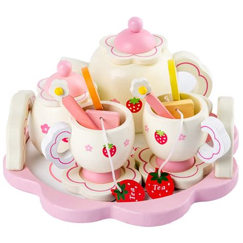 Kids Girls Simulate Wooden Pink Tea Set Play House Educational Toy ...