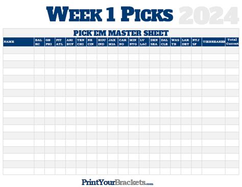 NFL Week 1 Picks Master Sheet Grid - 2024