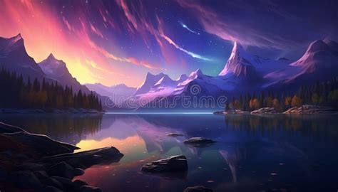 Panorama Winter Landscape with Snow Capped Mountains, Clear Lake and an Aurora Borealis or ...