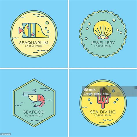 Marine Set Of Colorful Logotypes With Sea Creatures Stock Illustration - Download Image Now - iStock