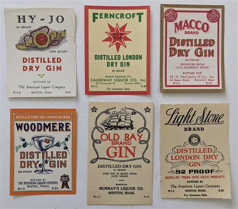 Lot - Vintage Set 6 Dry Gin Labels