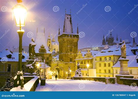 Wintertime Charles Bridge, Gothic Lesser Town Bridge Tower, less Stock ...