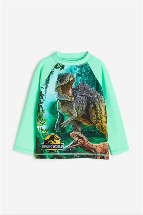 Swim Shirt UPF 50 - Long sleeve - Regular length - Neon green/Jurassic World - Kids | H&M US