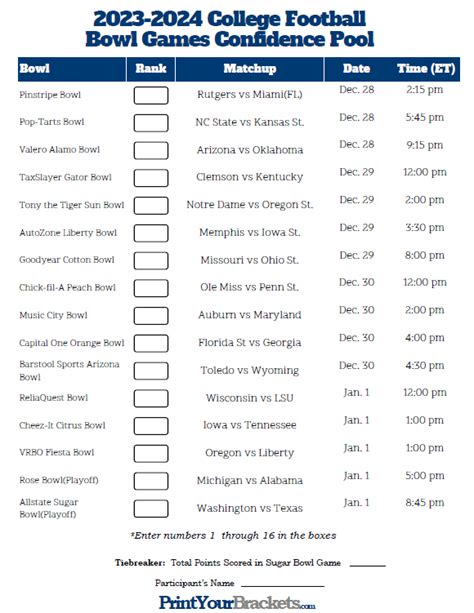 Printable College Football Bowl Games College football bowl pick em#N#printable sheets that are ...