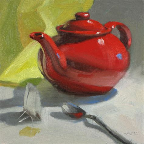 Claudia Hammer, a Painting a Day: Red teapot with spoon 6"x6" oil