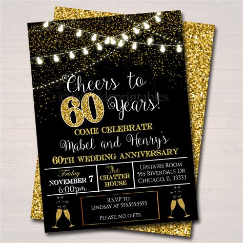 60th Party Invitation, Birthday Printable Cheers to Sixty Years, 60th ...