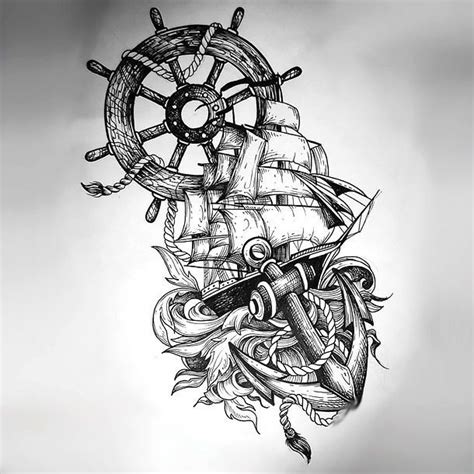 Ship Anchor Wheel Tattoo In Sketch Style Tattoo Design | Sketch style tattoos, Nautical tattoo ...