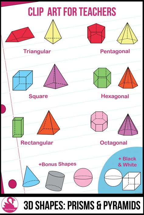 3D Shapes Clipart: Transparent Prisms & Pyramids, Color and Black ...