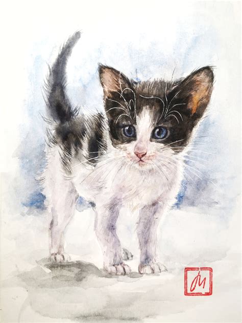 Black and white kitten original watercolor painting | Etsy