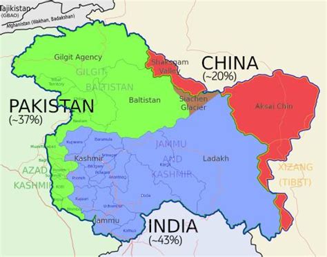 Map depicting the % of control over the tri-laterally disputed... | Geography map, Kashmir map ...