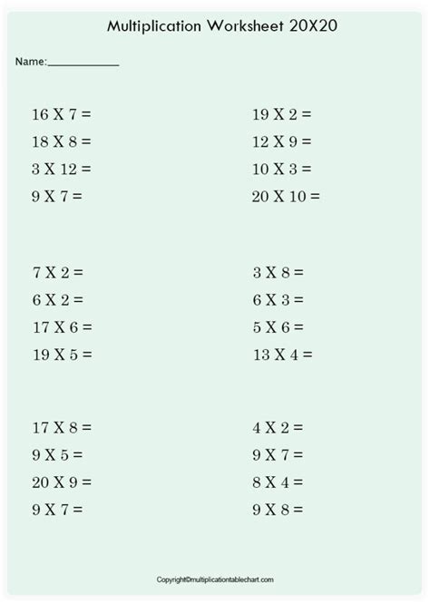 Printable Free Multiplication Chart 20×20 Grid PDF