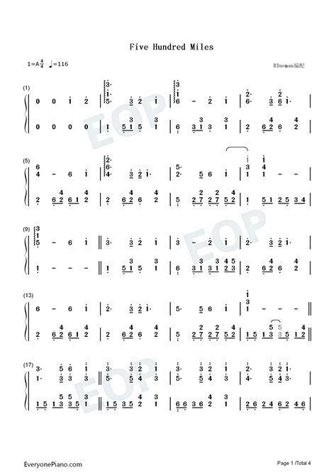 Five Hundred Miles-500 Miles-醉乡民谣主题曲-钢琴谱文件（五线谱、双手简谱、数字谱、Midi、PDF）免费下载