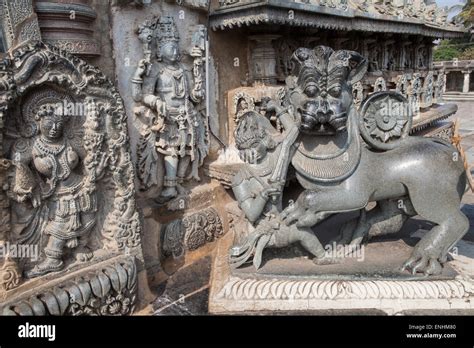 Sculptures and carvings at the Chennakesava Temple in Belur Stock Photo ...