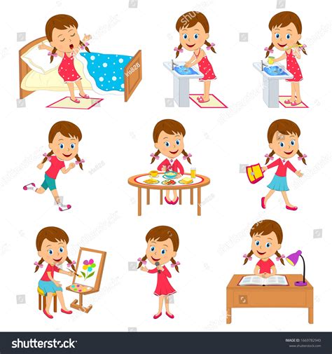 Cartoon Little Girl Daily Routine Illustrationvector: vetor stock (livre de direitos) 1669782940 ...