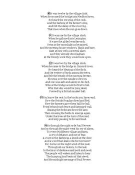 Longfellow's "The Midnight Ride of Paul Revere": Poem, Worksheet, and ...