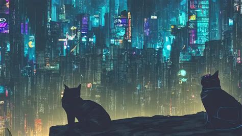 a cyberpunk cat on a hill looking to a cyberpunk city | Stable Diffusion