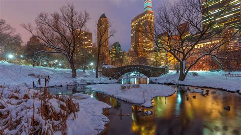 Download Wallpaper 1920x1080 New York, Central Park, snow, trees, river ...