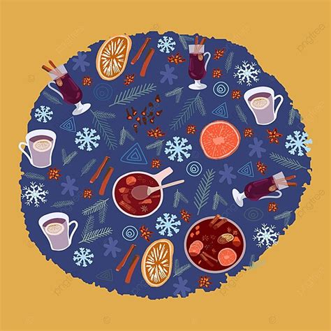 Cup Of Spiced Wine Wine Pot Pine Tree Branches And Snowflakes Vector, Hand, Illustration ...