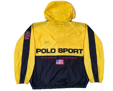 RARE Vintage Polo Sport Ralph Lauren USA Spell Out Yellow and Black Windbreaker Jacket Size L ...