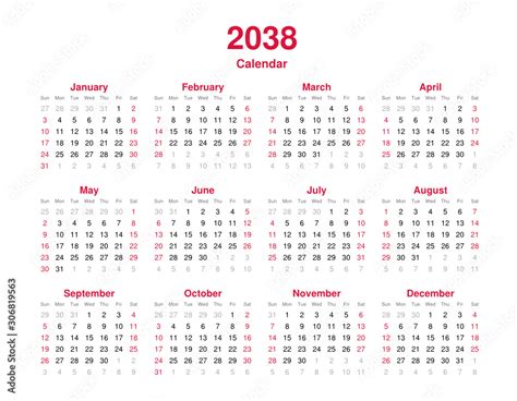 Calendar 2038 - 12 months yearly vector calendar in year 2038 - calendar template - planner ...