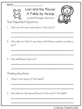 Lion and the Mouse Fable: CCSS Aligned Leveled Reading Passages and ...