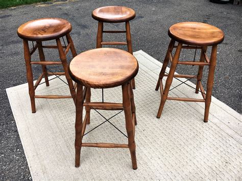 Vintage Maple Bar Stools (4), Bent Bros Stools, Bamboo Style Counter Seat, Industrial Metal ...