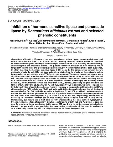 (PDF) Inhibition of hormone sensitive lipase and pancreatic lipase by Rosmarinus officinalis ...