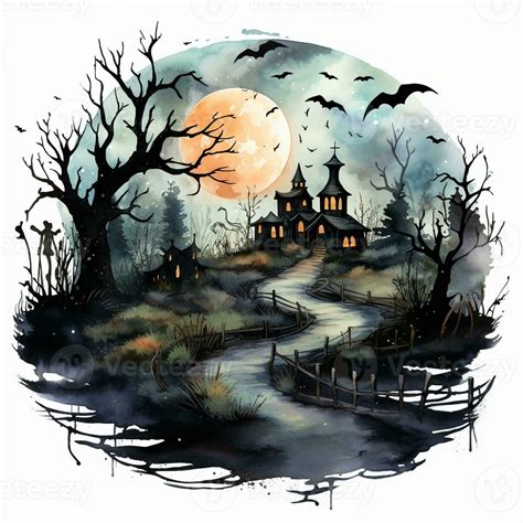 spooky halloween landscape night scene, haunted house and castle, bat,tree, dark and gothic ...