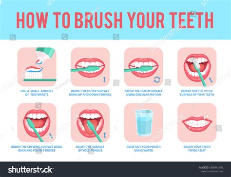 Cómo cepillar dientes. Instrucción educativa correcta: vector de stock ...