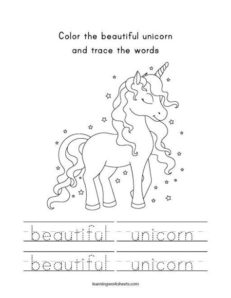 Color the beautiful unicorn and trace the words | English worksheets for kindergarten, Learning ...