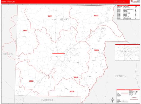 Henry County, TN Zip Code Wall Map Red Line Style by MarketMAPS