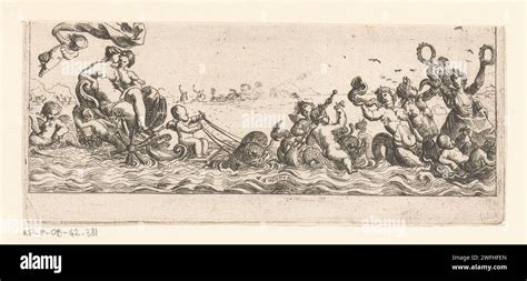 Sea goddesses pulled on a vessel, Pierre Brebiette, 1608 - 1650 print paper etching other gods ...